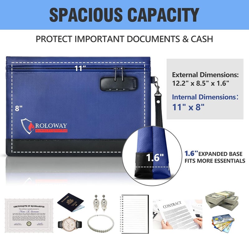 ROLOWAY Fireproof Money Bag with Lock for Cash, 6400°F Fire Proof Document Bag (12.2 x 8.5 x 1.6 inches), Money Pouch with Zipper (Blue) - Image 2